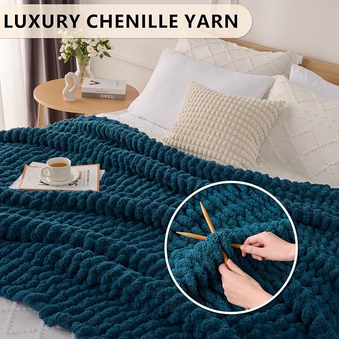 L'AGRATY Chunky Knit Throw Blanket for Couch, 72'' x 84'' Knit Throw, Blue | Handmade Chenille Crochet Blanket for Sofa Bed, Thick Cable Knitted Blankets for Room Home Decor, Birthday Gift for Women Mom