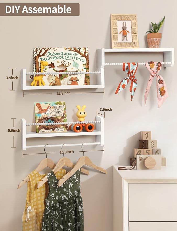 Maxpeuvon Nursery Book Shelves for Wall, White Floating Shelves Set of 3 | Natural Wood Nursery Shelves, with Towel Bar, Storage Shelf for Books, Toys and Decor, for Kids Room, Bedroom, Living Room