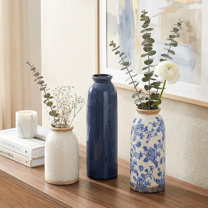 Vintage Ceramic Vase Set of 3, Blue and White Small Flower Vase Chinoiserie Rustic Modern Farmhouse Centerpiece Decorative Vases for Table Entryway Bookshelf Living Room Kitchen Home Decor