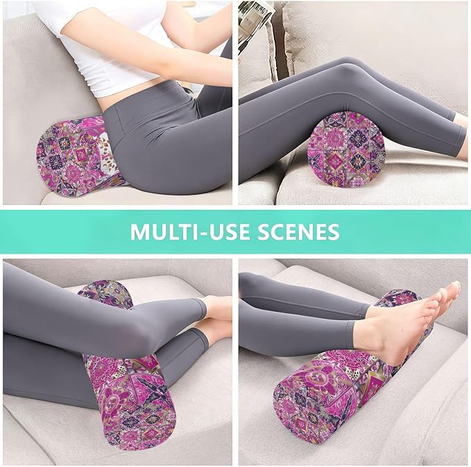 Neck Roll Pillow Bolster Pillows Round Health Memory Foam Long Cervical Cylinder Body Removable Washable Cover Bed Legs Back Yoga Pink Boho Tiles