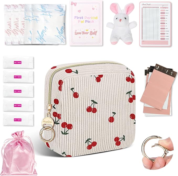 First Period kit for Girls, Corduroy Cute Sanitary Napkin Storage Bag, Menstrual Pad Bag Tampon Holder for Purse, First Period Gifts (Cherry-Beige)