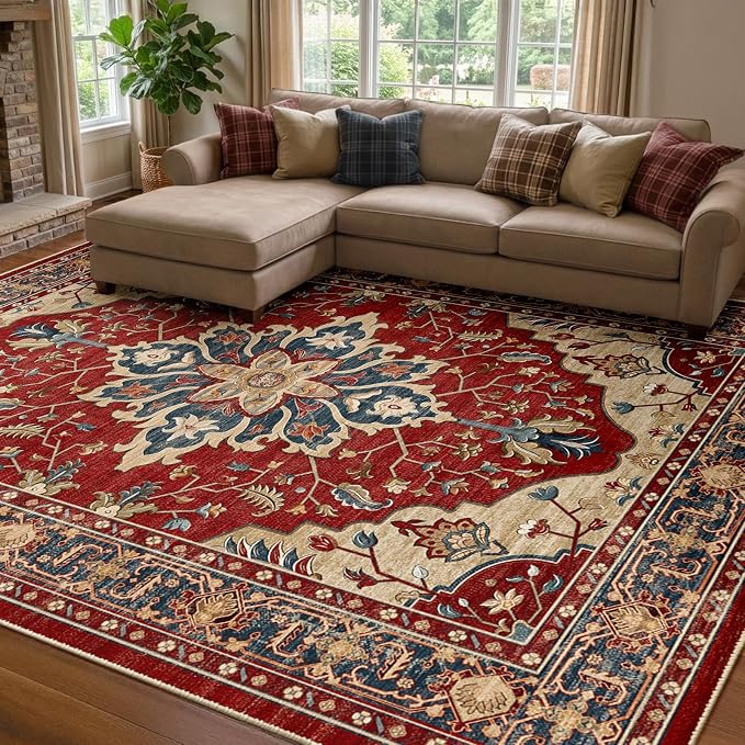 RELEANY Area Rugs 7'x9' Washable Non-Slip, Floral Vintage Distress Medallion Carpet for Living Room Bedroom Dining Room, Red Blue