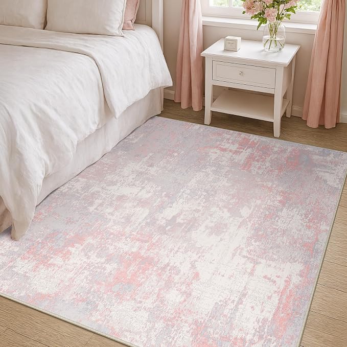 RELEANY Washable 4'x6' Abstract Area Rug for Living Room Gray Pink | carpet for bedroom, kitchen, office, hallway and entryway, printed pattern, non-slip, soft, stain-resistant, easy to clean
