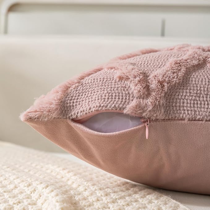 Set of 2 Soft Moroccan Throw Pillow Covers 18x18 Inch Plush Boho Decorative Pillow Cover Accent Cushion Case for Couch Sofa Bed, Pink