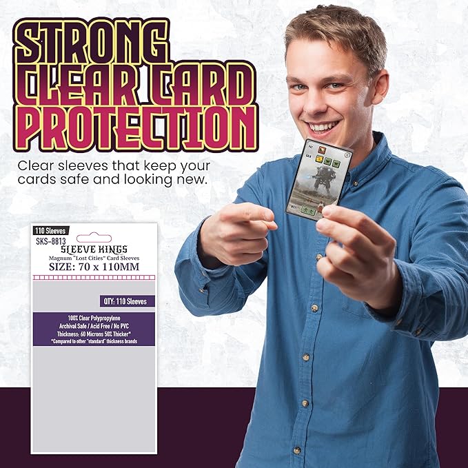 Sleeve Kings Standard Card Sleeves – 110 Count, Clear 60 Micron Thickness, Large Size (70 x 110 mm), Compatible with Scythe & More – SKU: SKS-8813
