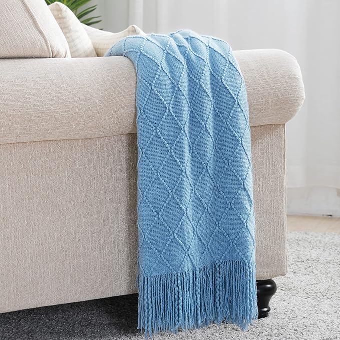 BOURINA Blue Throw Blanket 50x60 Inch Boho Knitted Soft Throw Sofa Blanket | Knitted Throw Blanket 50x60 Inches, Soft Lightweight Boho Weave Throw Decorative Couch Blanket for Living Room Bedroom Chair