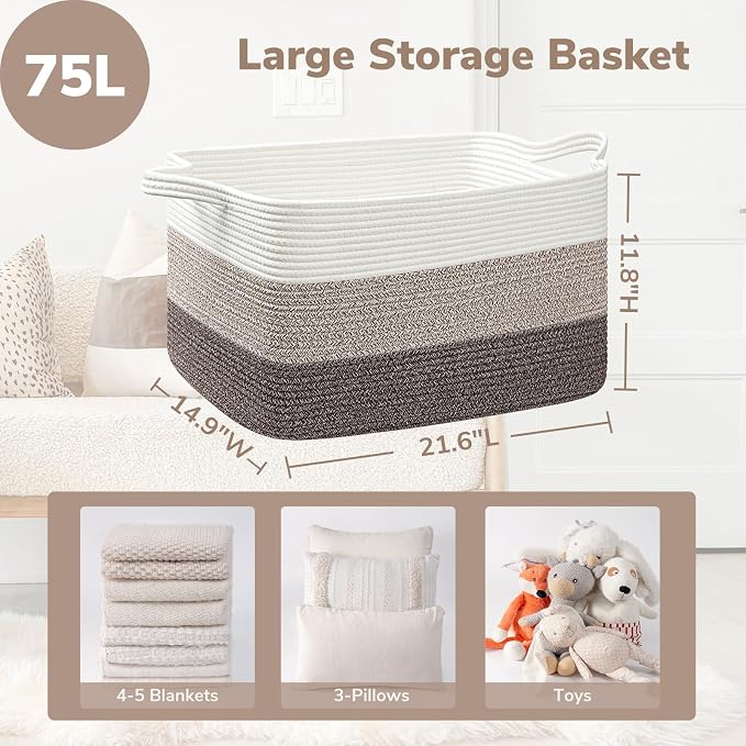 Goodpick Large Woven Rope Blanket Basket, Rectangle, White Brown | 21.6'' x 14.9'' x 11.8'' Storage Basket for Blankets & Toys, Living Room, Bedroom & Nursery Organization, Reinforced Handles