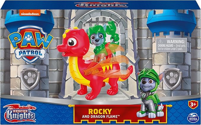 Paw Patrol, Rescue Knights Rocky and Dragon Flame Action Figures Set, Kids Toys for Ages 3 and up