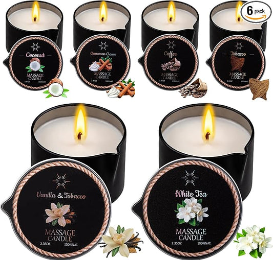 6 Pack Low Temperature Massage OilCandle Set (2.35 oz Each) - Soy WaxCandles that Melt into Skin-NourishingBody Oil, 6 Assorted Scents for HomeSpa, Massage Therapy, Relaxation, Self-Care & Festive