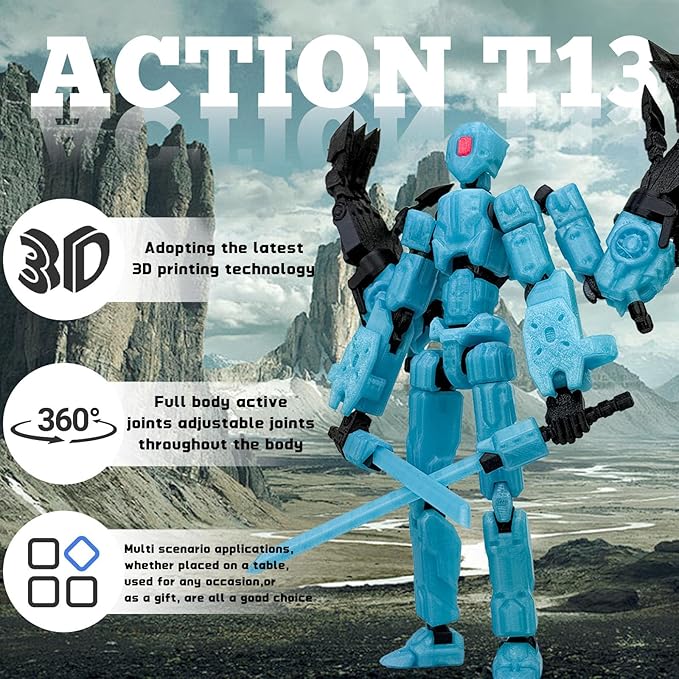 5.5Inch T13 Action Figure Assembly Completed, T13 3D Printed Action Figure Multi-Jointed Movable Robot Set,Collectors Desktop Decorations for Game Lovers Toys (Luminous Blue)