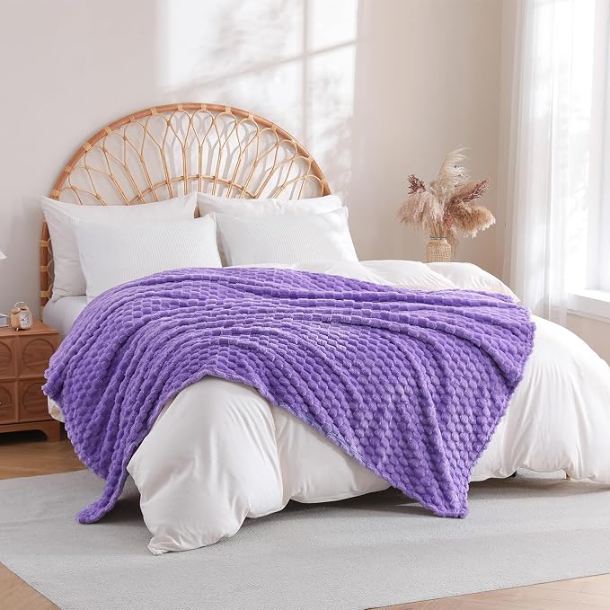 Lavender Fleece Throw Blanket 50”×60” for Couch Sofa Bed | Super Soft Cozy Plush Microfiber Flannel Blanket with 3D Jacquard Decorative Lightweight for Mom Woman