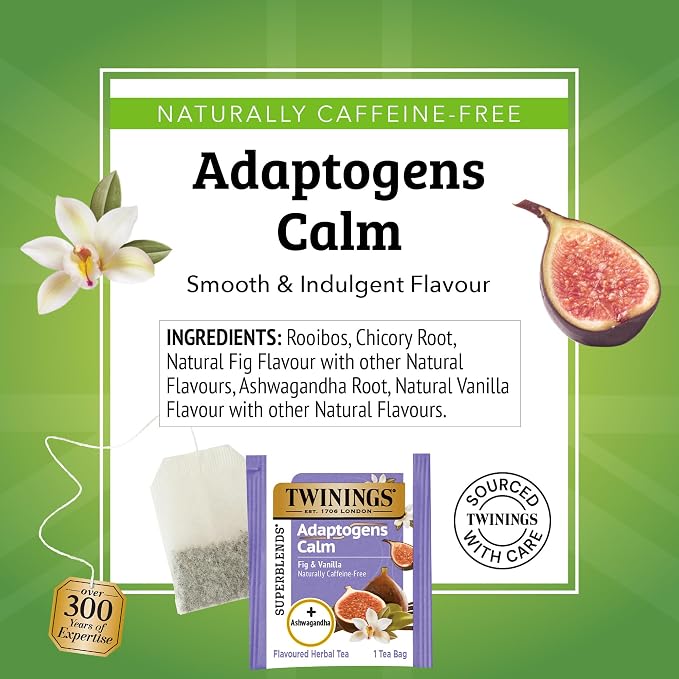 Twinings Superblends Adaptogens Calm with Ashwagandha Fig & Vanilla Flavoured Herbal Tea, Naturally Caffeine-Free, 18 Tea Bags (Pack of 6), Enjoy Hot or Iced, 108 Teabags