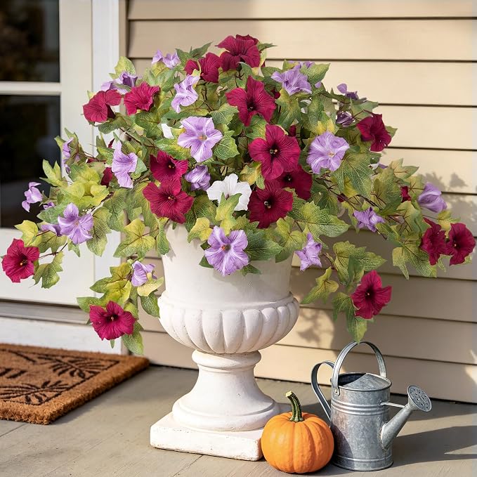 Ammyoo Artificial Fall Flowers Fake Petunias Plants for Outdoor Decoration | 2 Pcs UV Resistant Faux Silk Flowers No Fade Floral for Garden Balcony Yard Porch Realistic Indoor Decor (Burgundy Purple)
