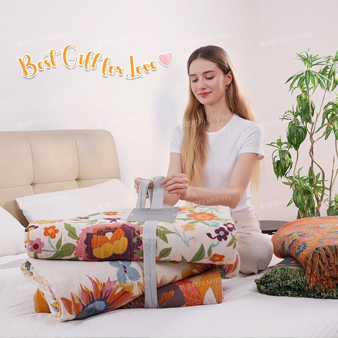 VANJOROY Boho Throw Blanket, 100% Cotton Muslin Breathable Soft Bed Throw - Floral Farmhouse Decor Blanket for Sofa Couch Chair and Gift. 60" x 80"- Orange