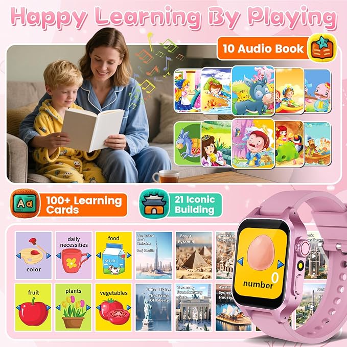 Smart Game Watch for Kids with 32 Games, Telescopic Camera, Pedometer, Alarm, Video, Music, Auidobook, Learn Card, Parental Control, Kids Wrist Watch for Ages 4-12 Girls Boys Chrismars Birthday Gifts