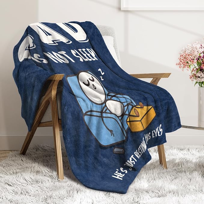 Funny Birthday Gift for Dad Husband, Dad is Not Sleeping Blanket | Dad Gifts from Daughter Son, Super Soft Throws Blanket for Couch and Napping, 60" x 50" (Blue)