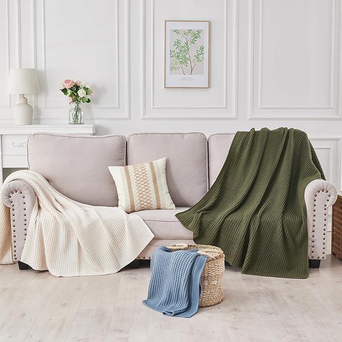 Douceur Olive Green Throw Blanket for Bed, Soft Chunky Cable Knit Throw Blanket, Classic Fisherman's Rib Stitch Pattern Throw for Living Room Gift, 60"X80"