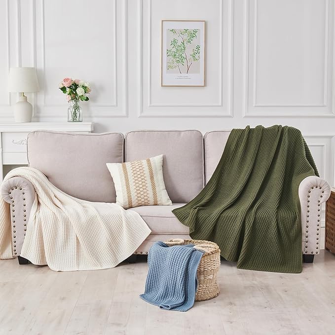 Douceur Olive Green Throw Blanket for Couch, Soft Chunky Cable Knit Throw Blanket, Classic Fisherman's Rib Stitch Pattern Throw for Living Room Gift, 50"X60"