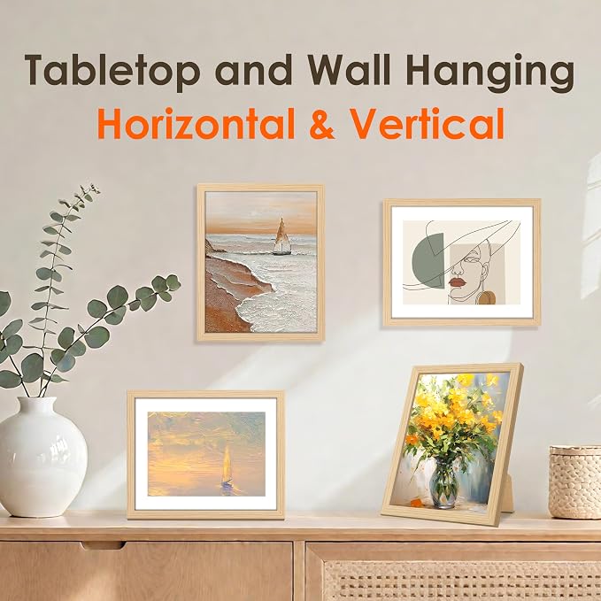 8x10 Picture Frame Set of 2, Photo Frame with HD Plexiglass, Display Pictures 5x7 with Mat or 8x10 Without Mat Multi Picture Frames Collage for Tabletop or Wall Display, Natural