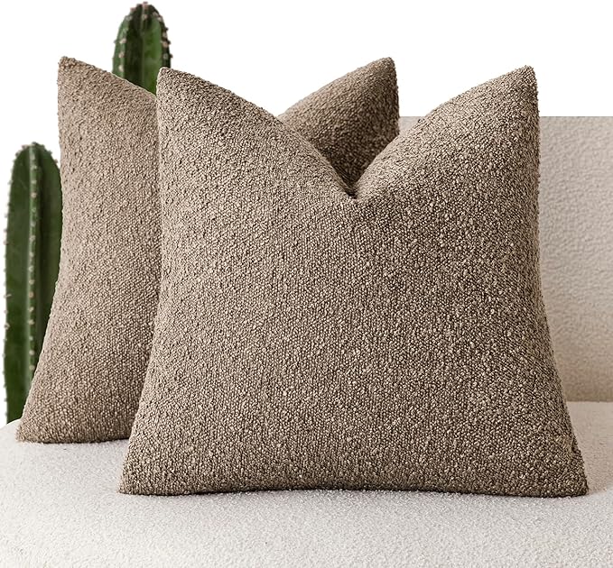 Foindtower Set of 2, Decorative Textured Boucle Throw Pillow Covers Accent Solid Pillow Cases Soft Cozy Couch Cushion Case for Chair Sofa Bedroom Living Room Home Decor 26x26 Inch Light Brown