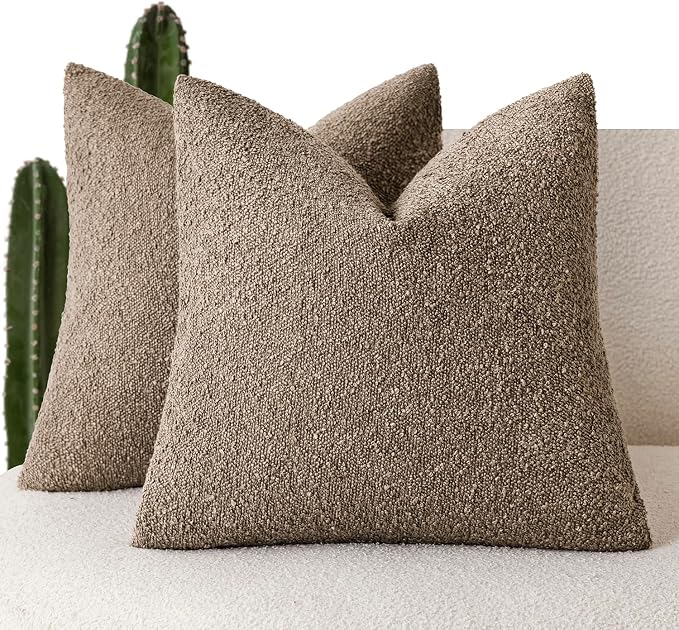 Foindtower Set of 2, Decorative Textured Boucle Throw Pillow Covers Accent Solid Pillow Cases Soft Cozy Couch Cushion Case for Chair Sofa Bedroom Living Room Home Decor 24x24 Inch Light Brown
