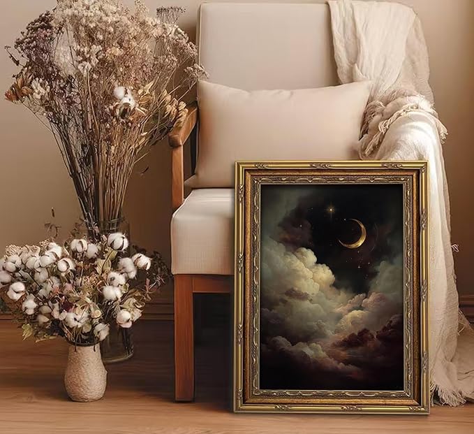 Vintage Gold Framed Celestial Wall Art, Moody Moon and Stars Gothic Painting Canvas Print, Dark Academia Wall Decor,Mystical Celestial Poster Artwork, for Living Room Bedroom Bathroom