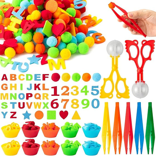 EZdhuawuse Letters Numbers Sensory Bin Fillers - 240Pcs Summer Alphanumeric Fine Motor Skills Toys Color Counting Sorting Set for Kids, Felt Letter Pom Poms Cup Clip for Preschool Education Activities