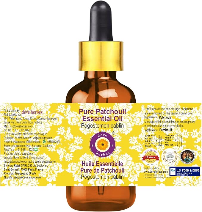 Deve Herbes Pure Patchouli Essential Oil (Pogostemon cablin) with Glass Dropper Steam Distilled 30ml (1 oz)