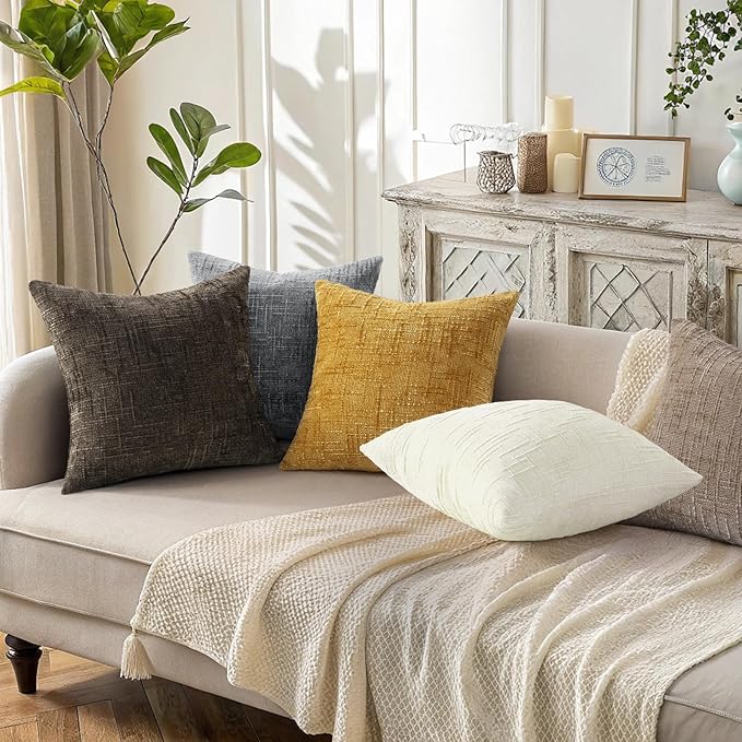decorUhome Textured Chenille Throw Pillow Covers 26x26 Set of 2 Cream White | Fall Modern Farmhouse Soft Cozy Slubby Couch Pillow Cases Boho Decorative Pillow Cases for Bed Sofa Living Room Home Decor