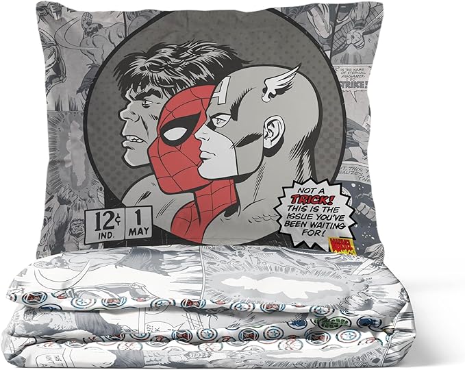Jay Franco Duvet Cover Set – 3 Piece Comforter Cover and Sham Set, Super Soft Cozy Kids Bedding (Insert Not Included) Grey - Marvel Comics, Queen