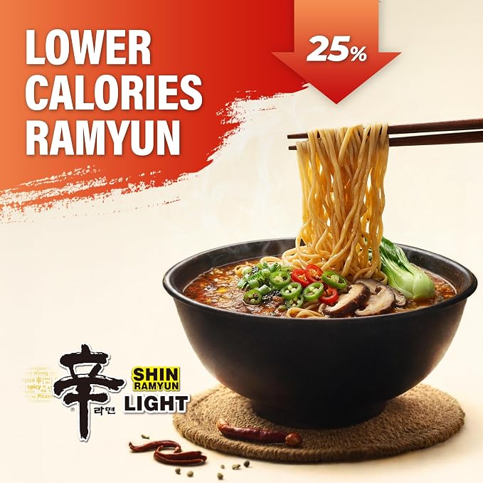 Nongshim Shin Ramyun Light, Air-Dried Korean Ramen Noodles, 4 Pack | Air-dried instant ramen with spicy beef broth, roasted vegetable notes, large vegetable flakes