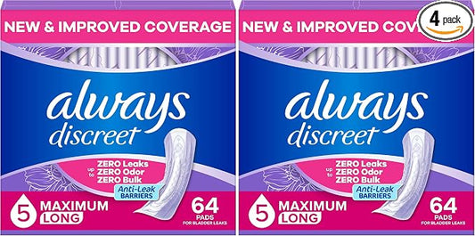 Always Discreet Adult Incontinence Pads for Women, Drier, 5 Drop Long Length, Heavy Absorbency, Pads for Bladder Control Management, Bladder Leaks, & Postpartum-Pads, 64ct (Pack of 2)