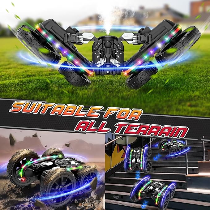 Jimdella RC Cars Toys, 2-in-1 Remote Control Car Transform 4WD with Spray & LED Lights, 2.4GHz Off-Road Stunt Truck for 360° Flips Gift for Boys Age 8-12 (Black)