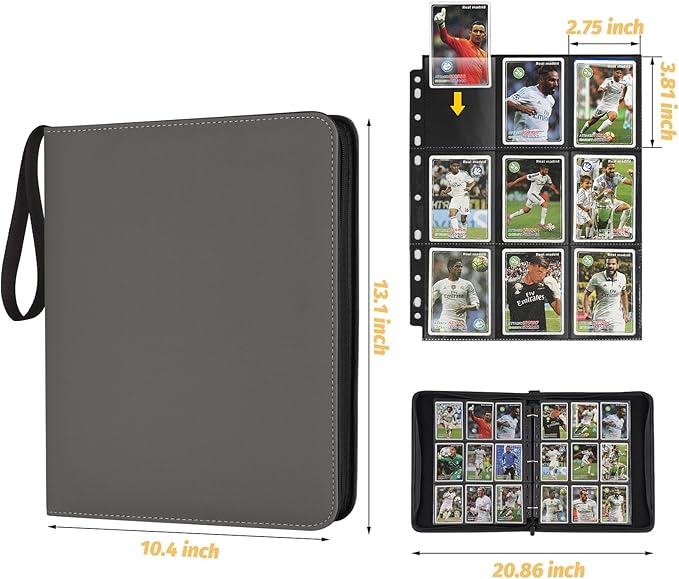 GERMUN 9 Pocket Card Binder, Premium Zip Trading Card Binder, 720 Double Sided Pocket PU Card Collection Binder, Collector Card Album, Card Folder for MTG, TCG, Sports Cards, Game Cards (GREY)