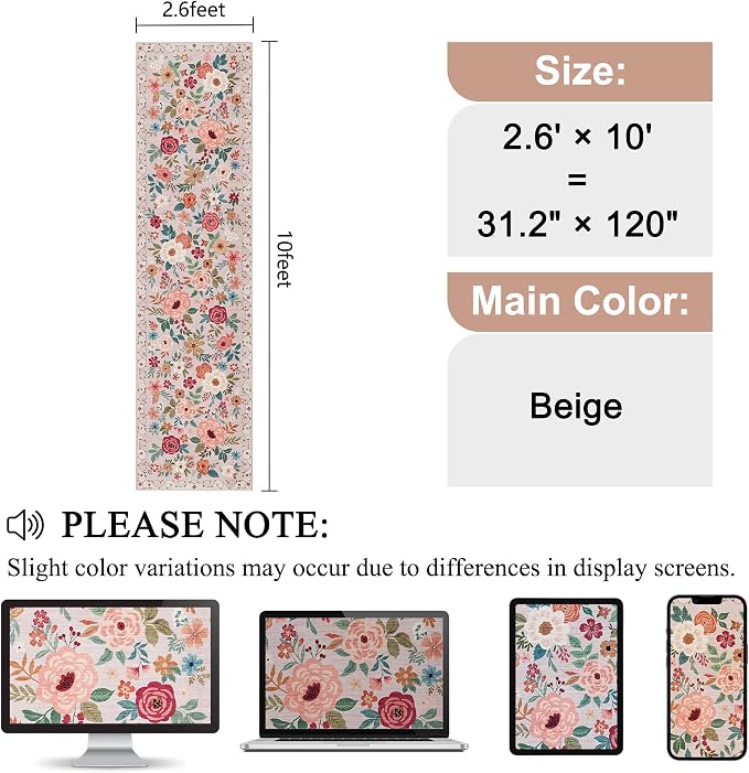 DUKINO 2.6x10 Runner Rug for Hallway, Washable Kitchen Rugs Non Slip, Beige | Soft, Low Pile, Floral Indoor Floor Rug Runner for Entryway, Bedroom, Bathroom, Laundry, Pet Friendly, Home Decor, Ultra-Thin