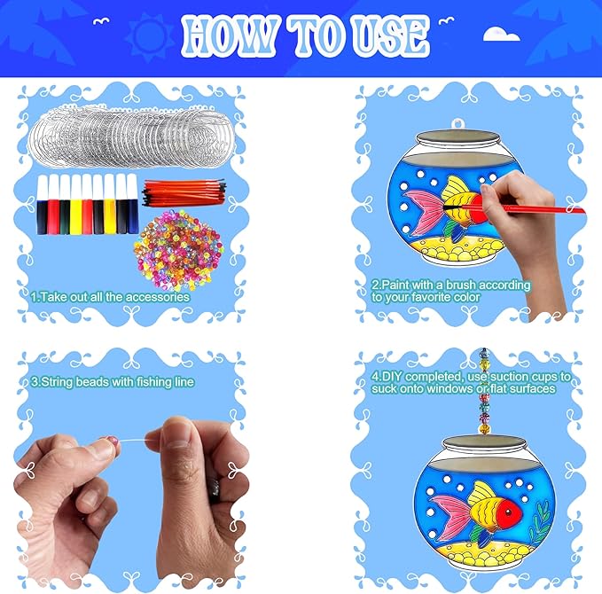 Ayhuhra 30 Sets Fishbowl Suncatcher Craft Kits Make Your Own Sea Animal Fish Tank Scene DIY Window Paint Art Sun Catcher Kit for Home Classroom Party Activities Art Project
