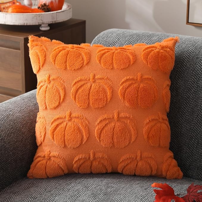 DFXSZ Fall Pillow Covers 20x20 2Pcs Orange Pumpkin Fall Decoration for Home | Fall decor Set of 2 Throw Pillow Cases Soft Plush Faux Fur Wool Couch Cushion for Chair Sofa Bedroom Living Room Home Decor
