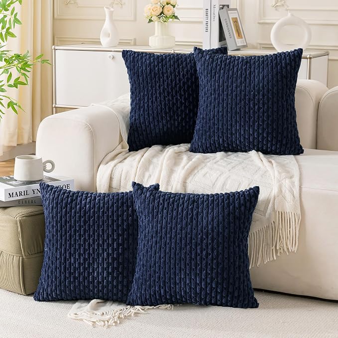 Set of 4 Navy Blue Decorative Throw Pillow Covers 18x18 Inch Corduroy Pillow Covers for Bed Couch Sofa Living Room Soft Square Cushion Cases