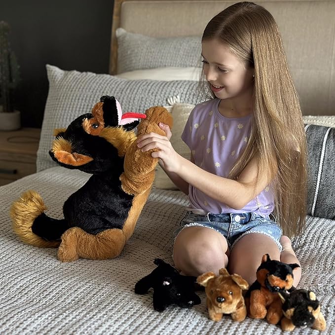 MaoGoLan 5 Giant German Shepherd Dog Plush Toys with 4 Babies, Realistic Soft and Cuddly Stuffed Dog Puppies for Kids, Puppy Lovers