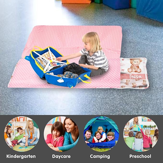 Personalized Toddler Nap Mat for Girls – Custom Name Kids Nap Mat – Daycare Sleeping Mats with Removable Pillow and Soft Minky Dot Blanket for Preschool, Travel, Kindergarten