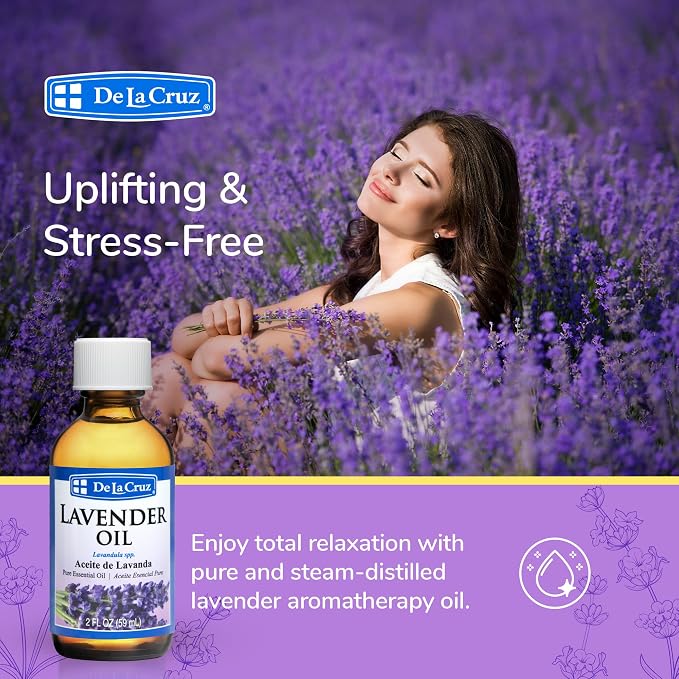 De La Cruz Lavender Essential Oil Steam-Distilled - 100% Pure Lavender Oil for Aromatherapy 2 FL. OZ. (6 Bottles)