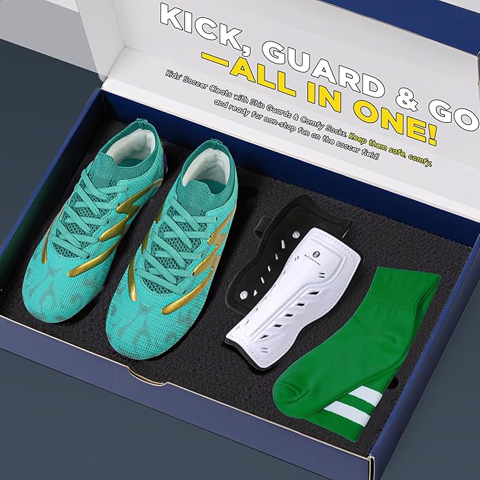 brooman Kids Firm Ground Soccer Cleats Boys Girls Football Shoes with Shin Guards and Soccer Socks