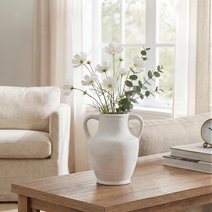 Ceramic Flower Vase with Handles, 8.66 inch Tall Ceramic Vase Farmhouse Rustic Vases Decorative Pottery Vases for Home Decor Living Room Bookshelf Table Centerpiece Desk Bathroom Fireplace, White