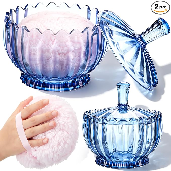 Tioncy 2 Pcs Extra Large Dusting Powder Puff and Container for Women-6'' Glass Crystal Dusting Powder Container Soft Washable Reusable Velour Face(Blue,Scalloped)