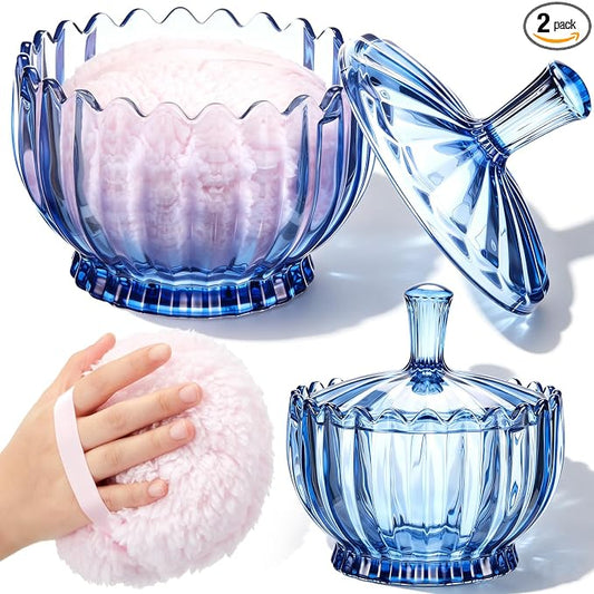 Tioncy 2 Pcs Extra Large Dusting Powder Puff and Container for Women-6'' Glass Crystal Dusting Powder Container Soft Washable Reusable Velour Face(Blue,Scalloped)