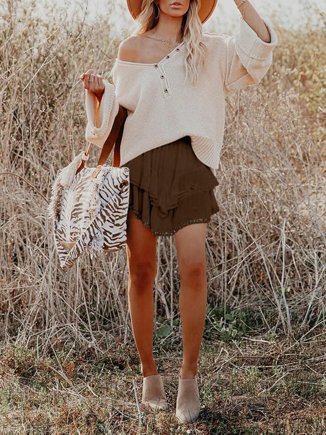Flowy Shorts for Women Casual Boho Ruffle Tiered Skorts High Waist Mini Skirts Golf Tennis Crochet Shorts