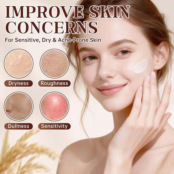 7PCS Rice Skincare Set Gift Box, Korean Skin Care Set for Women Teens Girls, Rice Cleanser Toner Serum Face Cream Eye Cream Sunscreen with Towel Bear Ornament, Hydrating Daily Face Care Kit