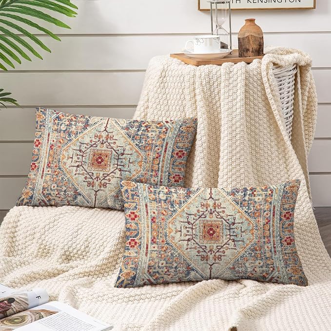 Boho Throw Pillow Covers 12x20 inch Set of 2,Boho Vintage Carpet Pattern Antique Ethnic Decor Double Sided Pattern Cushion Cover Soft Pillow Case Living Sofa Room Bed Square Pillow Cover