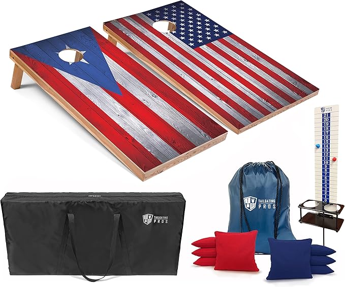 Tailgating Pros 4x2 Regulation Cornhole Boards Flag Set- Includes 8 Bean Bags, Carrying Cases, and Score Keeper - Optional LED Lights