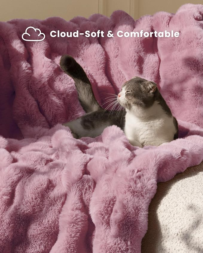 Ultra Soft Cozy Faux Fur Throw Blanket, Fuzzy Plush Thick Bubble Blanket, Oversize Luxury Fluffy Blanket for Couch, Bed, and Living Room, 60x80 Inches, Pink